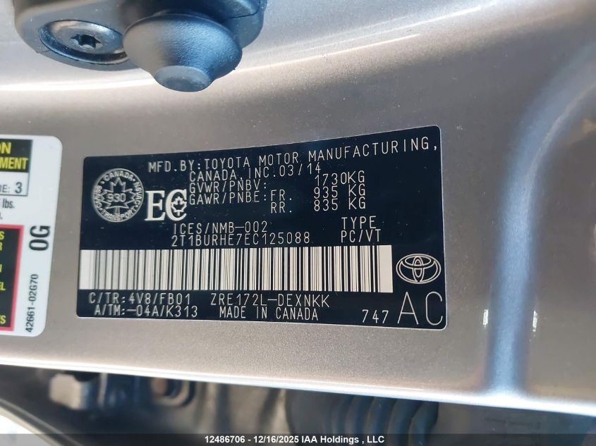 2014 Toyota Corolla L/Le/Le Pls/Prm/S/S Pls VIN: 2T1BURHE7EC125088 Lot: 12486706