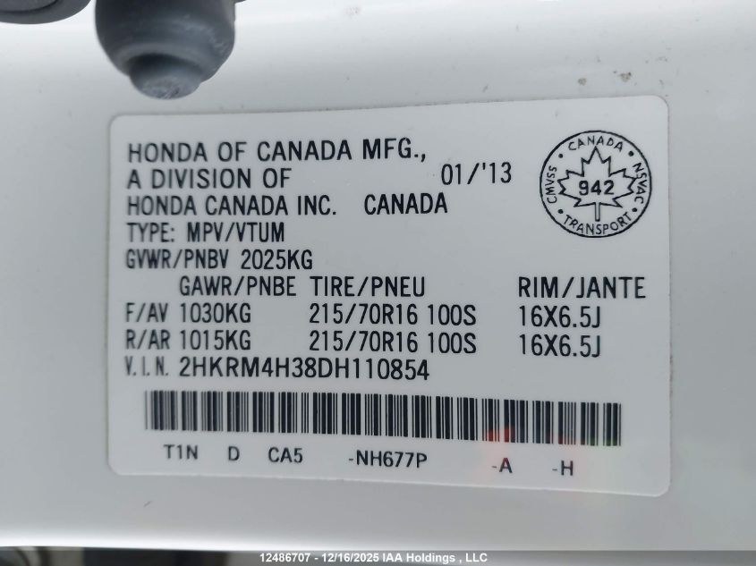 2013 Honda Cr-V Lx VIN: 2HKRM4H38DH110854 Lot: 12486707