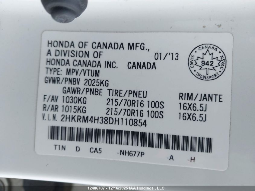 2013 Honda Cr-V Lx VIN: 2HKRM4H38DH110854 Lot: 12486707