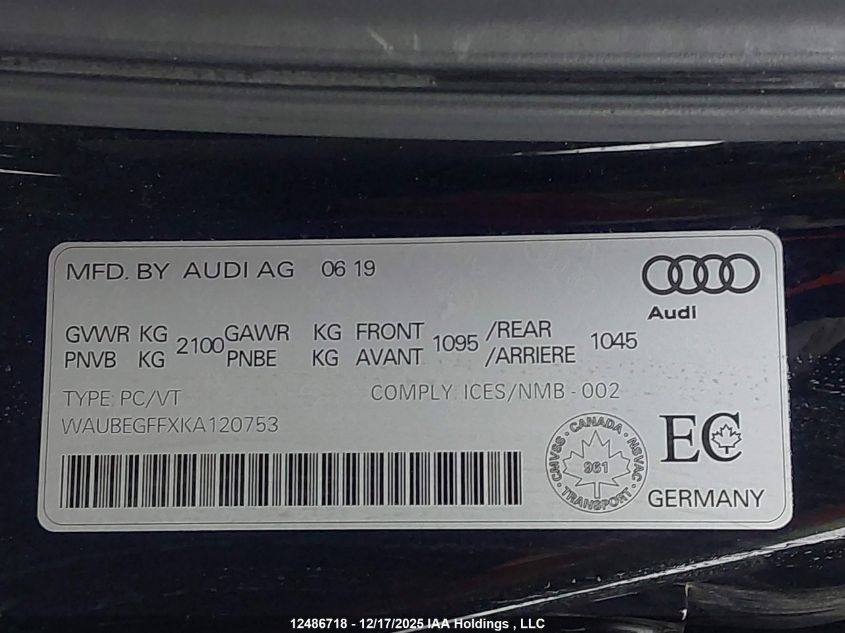 2019 Audi A3 45 Komfort VIN: WAUBEGFFXKA120753 Lot: 12486718