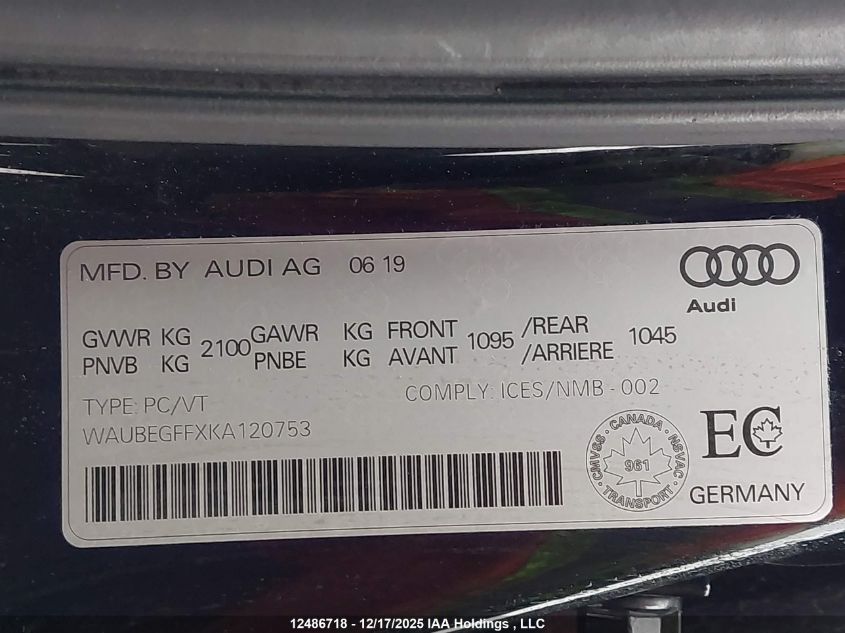 2019 Audi A3 45 Komfort VIN: WAUBEGFFXKA120753 Lot: 12486718