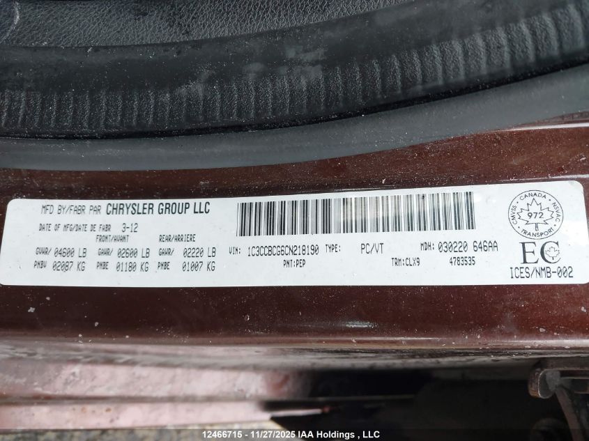 2012 Chrysler 200 Limited VIN: 1C3CCBCG6CN218190 Lot: 12466715X