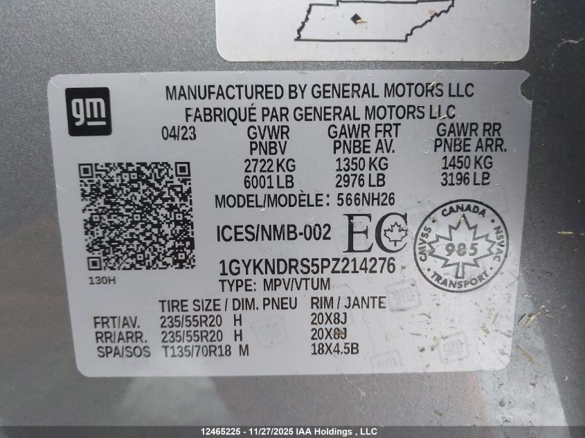 2023 Cadillac Xt5 Premium Luxury VIN: 1GYKNDRS5PZ214276 Lot: 12465225X