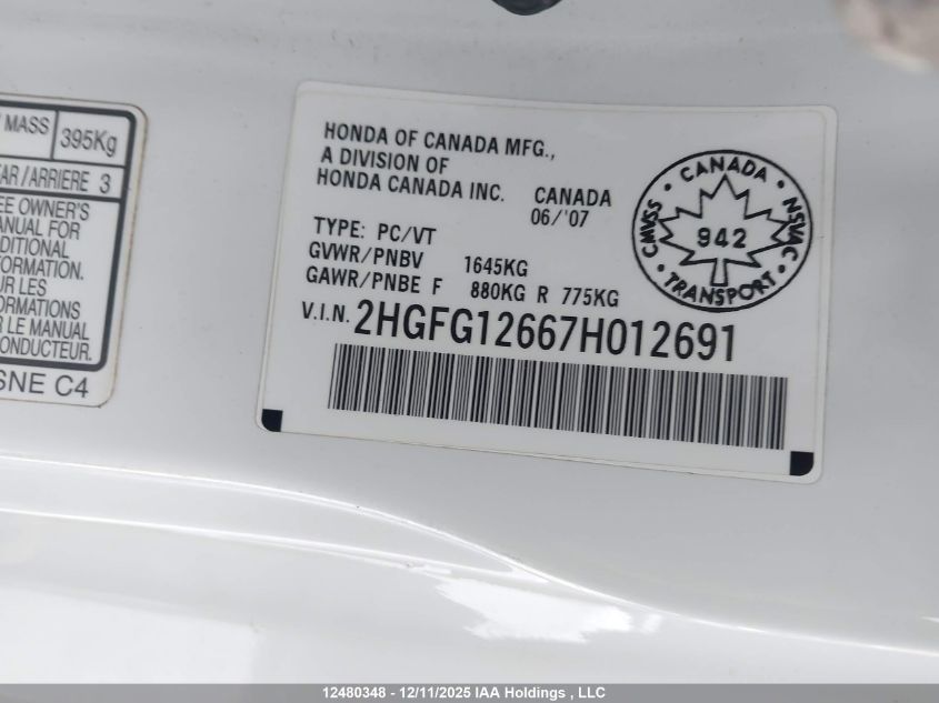 2007 Honda Civic Lx VIN: 2HGFG12667H012691 Lot: 12480348X