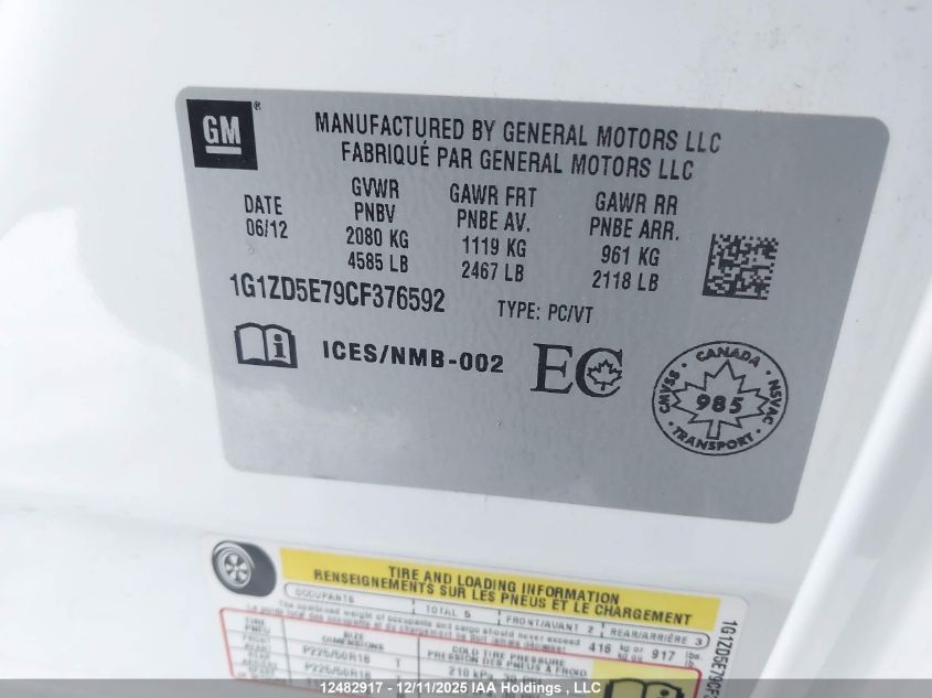 2012 Chevrolet Malibu Lt Platium Edition VIN: 1G1ZD5E79CF376592 Lot: 12482917X