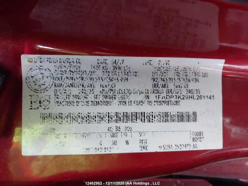 2017 Ford Focus Se VIN: 1FADP3K29HL261141 Lot: 12482952X