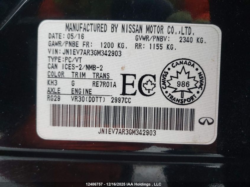 2016 Infiniti Q50 3.0T VIN: JN1EV7AR3GM342903 Lot: 12486757