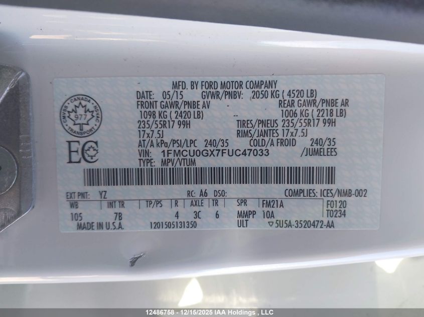 2015 Ford Escape Se VIN: 1FMCU0GX7FUC47033 Lot: 12486758