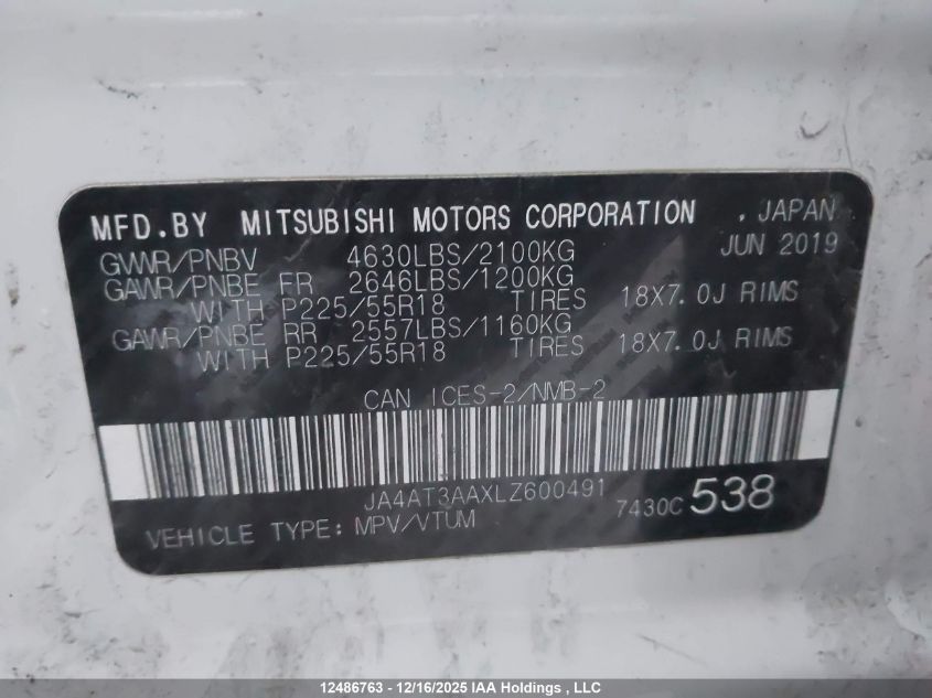 2020 Mitsubishi Eclipse Cross Es VIN: JA4AT3AAXLZ600491 Lot: 12486763