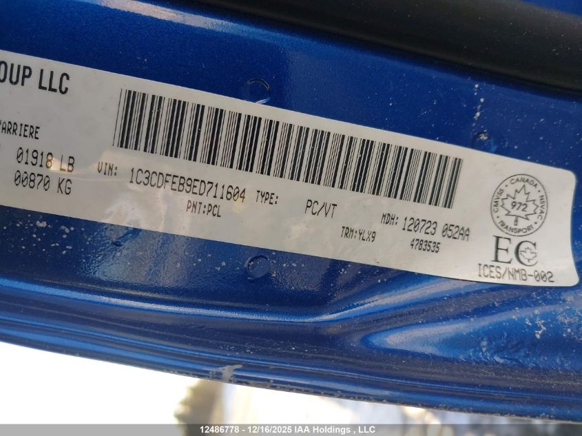 2014 Dodge Dart Gt VIN: 1C3CDFEB9ED711604 Lot: 12486778