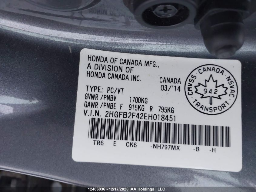 2014 Honda Civic Lx VIN: 2HGFB2F42EH018451 Lot: 12486836