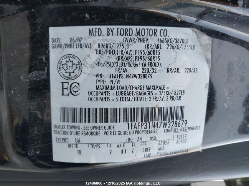 2007 Ford Focus Zx3/S/Se/Ses VIN: 1FAFP31N47W328679 Lot: 12486866