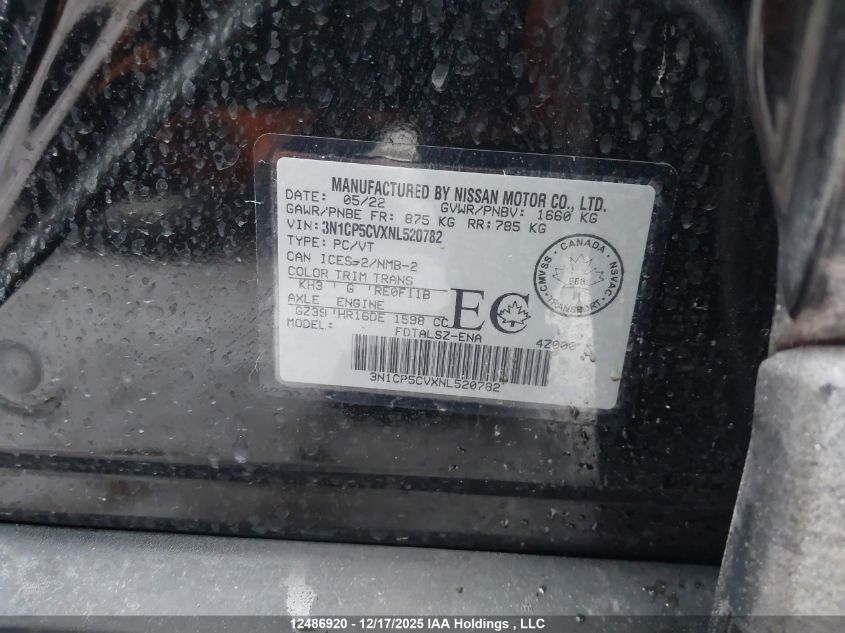 2022 Nissan Kicks Sv VIN: 3N1CP5CVXNL520782 Lot: 12486920