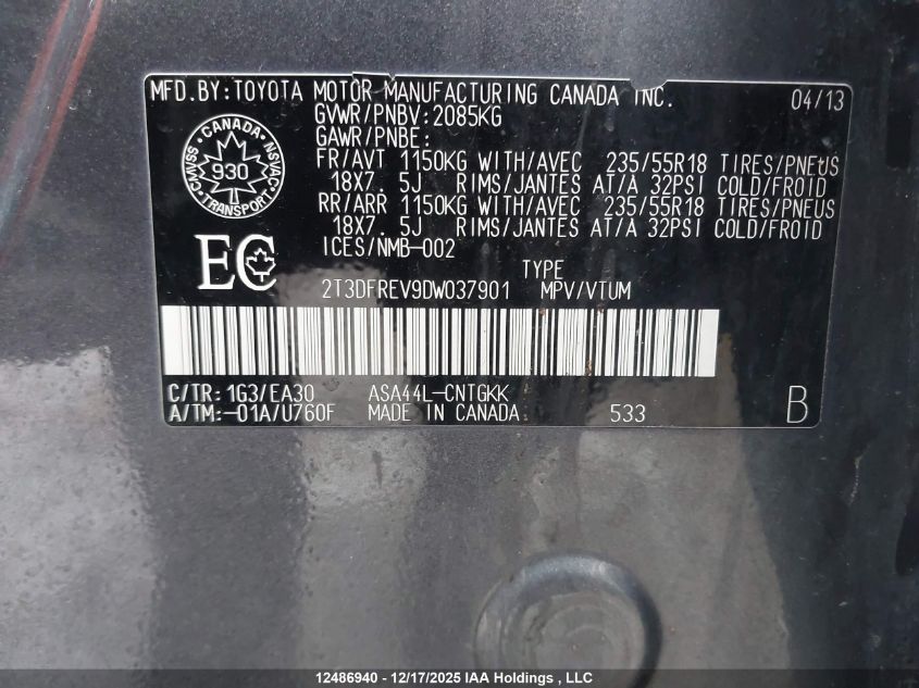 2013 Toyota Rav4 VIN: 2T3DFREV9DW037901 Lot: 12486940