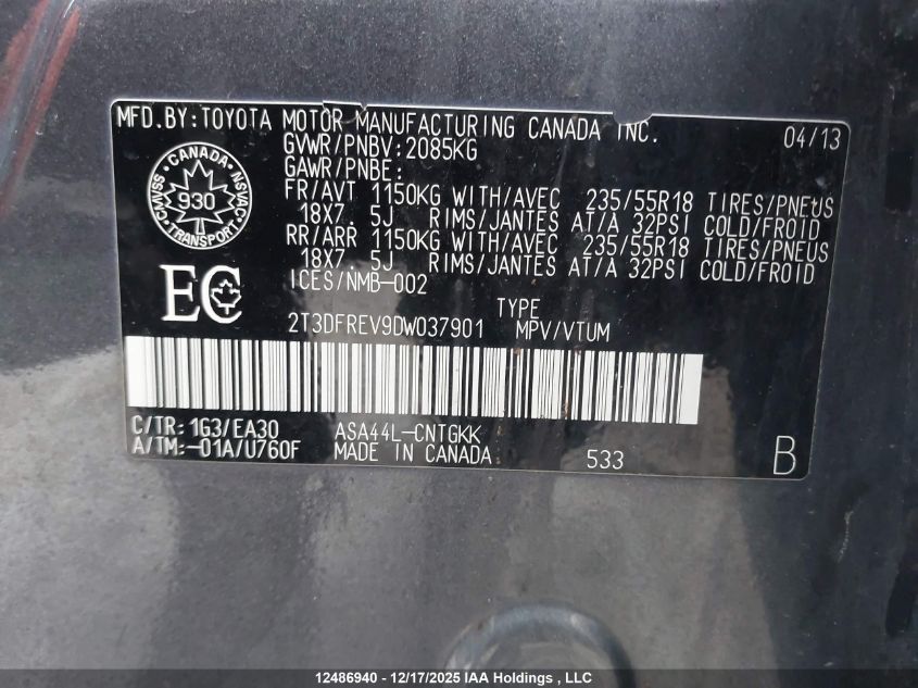 2013 Toyota Rav4 VIN: 2T3DFREV9DW037901 Lot: 12486940