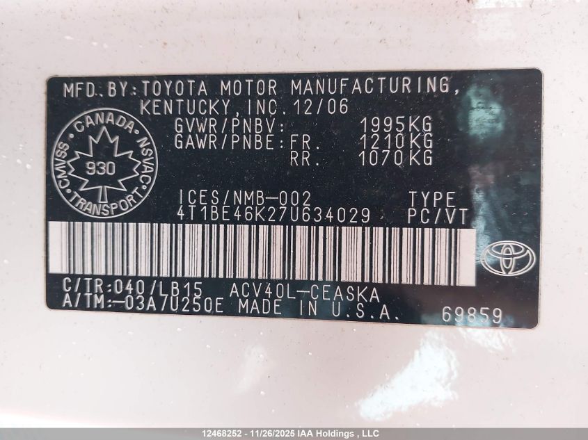 2007 Toyota Camry Le/Se VIN: 4T1BE46K27U634029 Lot: 12468252X