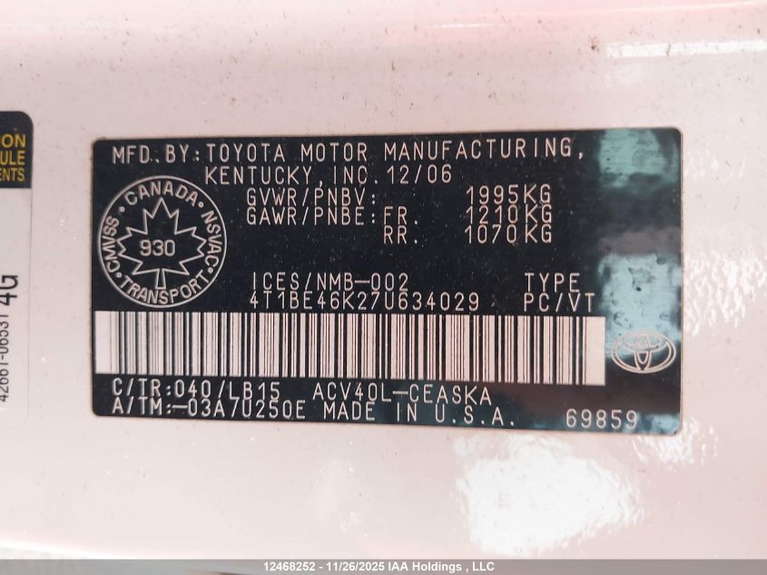 2007 Toyota Camry Le/Se VIN: 4T1BE46K27U634029 Lot: 12468252X