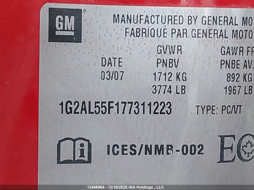 2007 Pontiac G5 Se VIN: 1G2AL55F177311223 Lot: 12486964