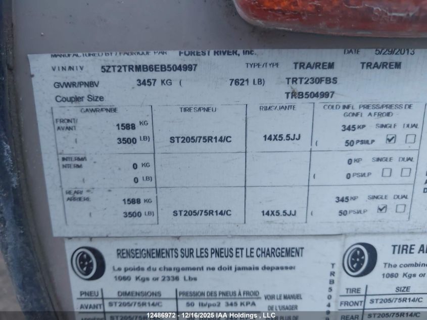 2014 Forest River Tracer VIN: 5ZT2TRMB6EB504997 Lot: 12486972