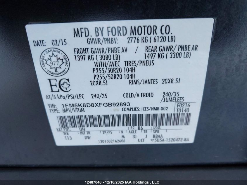 2015 Ford Explorer Xlt VIN: 1FM5K8D8XFGB92893 Lot: 12487048