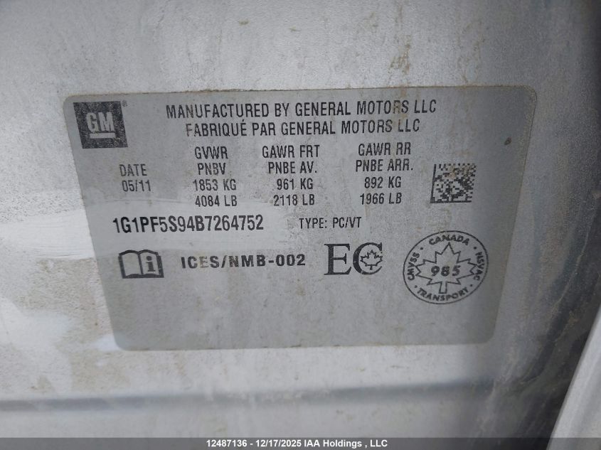 2011 Chevrolet Cruze Lt VIN: 1G1PF5S94B7264752 Lot: 12487136