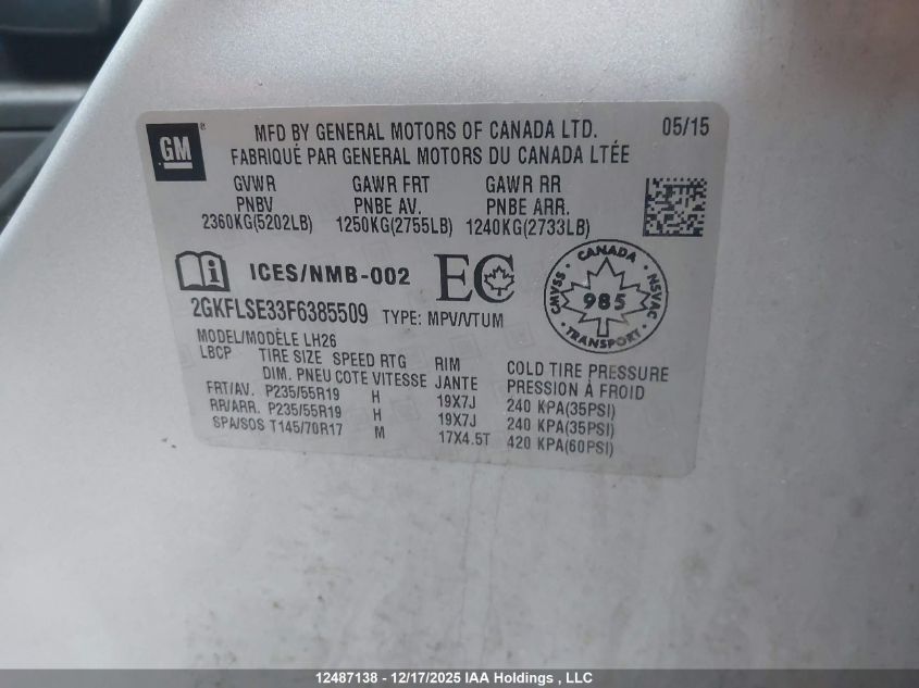 2015 GMC Terrain Slt VIN: 2GKFLSE33F6385509 Lot: 12487138