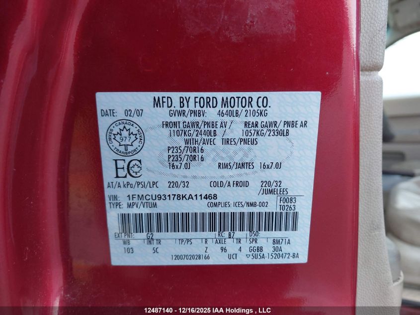 2008 Ford Escape Xlt VIN: 1FMCU93178KA11468 Lot: 12487140