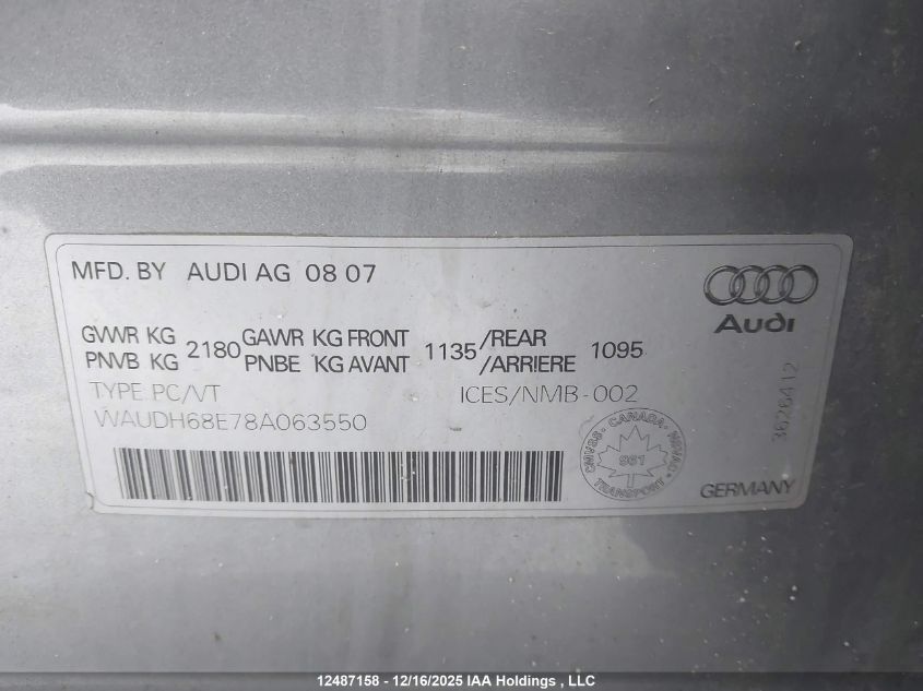 2008 Audi A4 3.2 Quattro VIN: WAUDH68E78A063550 Lot: 12487158