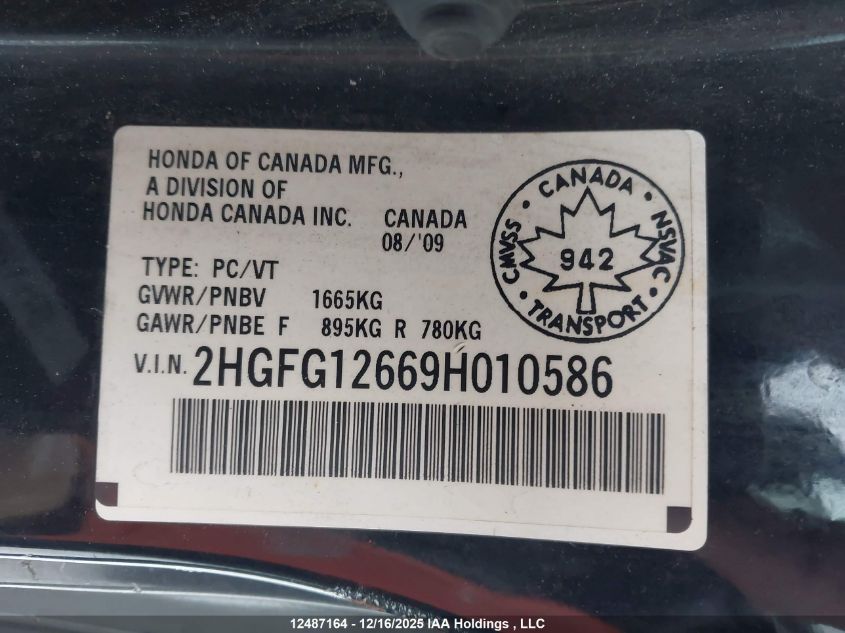 2009 Honda Civic Lx VIN: 2HGFG126698010586 Lot: 12487164