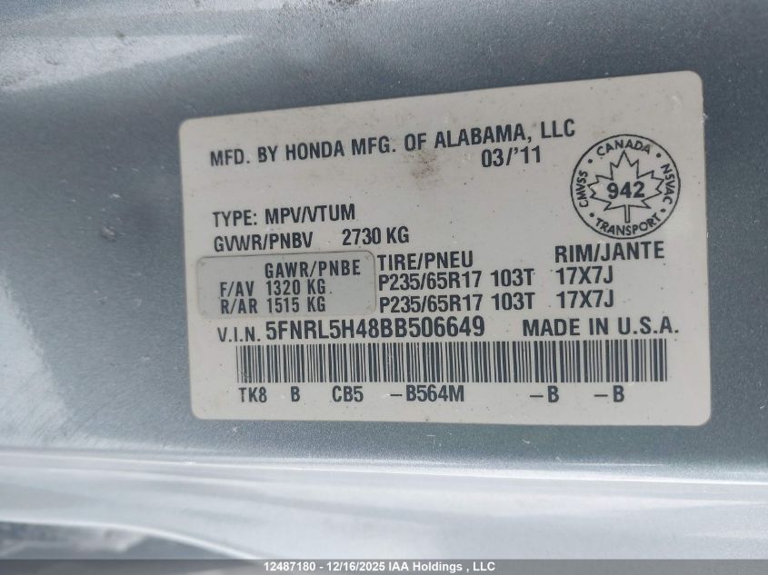 2011 Honda Odyssey Ex VIN: 5FNRL5H48BB506649 Lot: 12487180