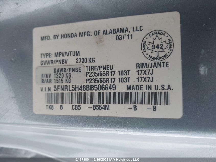2011 Honda Odyssey Ex VIN: 5FNRL5H48BB506649 Lot: 12487180