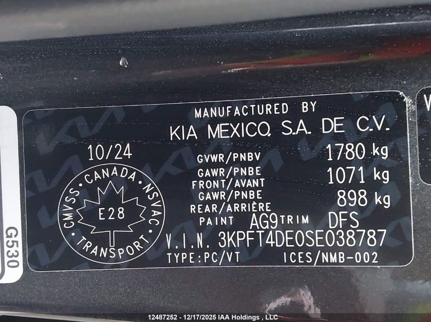 2025 Kia K4 Lx VIN: 3KPFT4DE0SE038787 Lot: 12487252