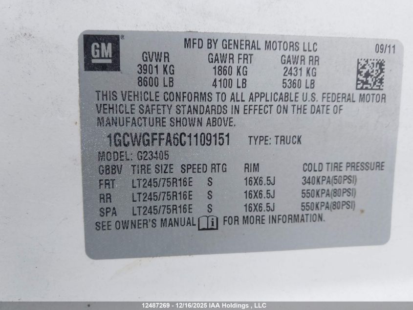 2012 Chevrolet Express G2500 VIN: 1GCWGFFA6C1109151 Lot: 12487269