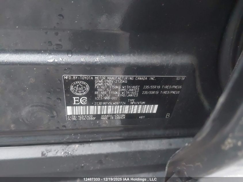 2020 Toyota Rav4 Limited VIN: 2T3D1RFV5LW087724 Lot: 12487333