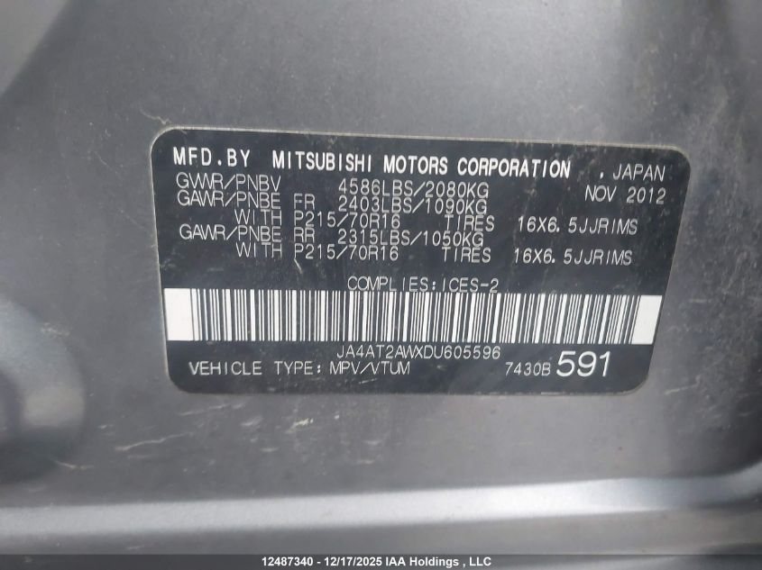 2013 Mitsubishi Outlander Es VIN: JA4AT2AWXDU605596 Lot: 12487340