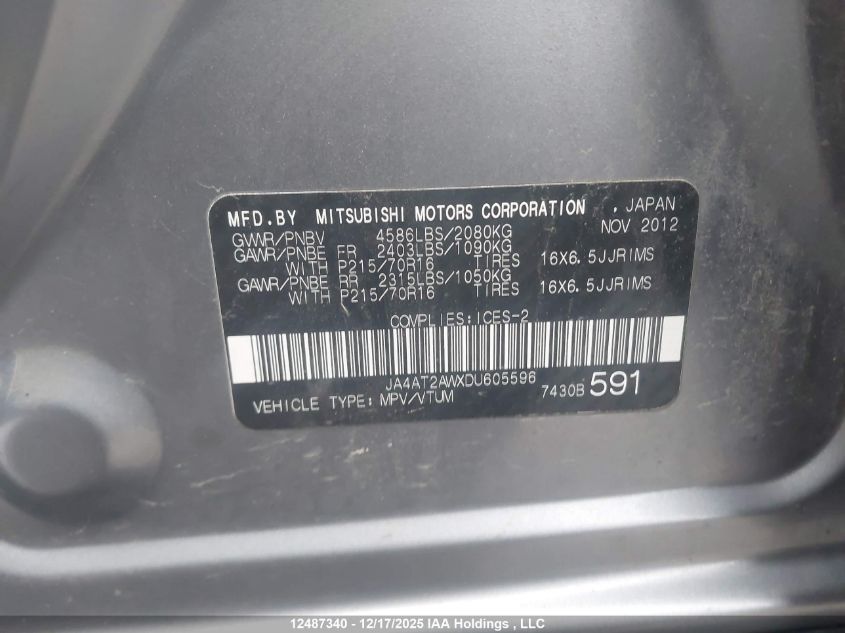 2013 Mitsubishi Outlander Es VIN: JA4AT2AWXDU605596 Lot: 12487340