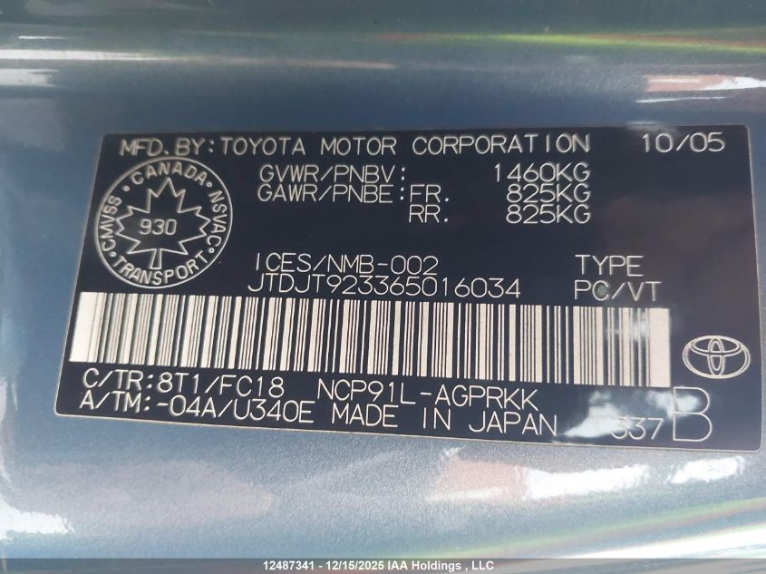 2006 Toyota Yaris Ce/Rs VIN: JTDJT923365016034 Lot: 12487341