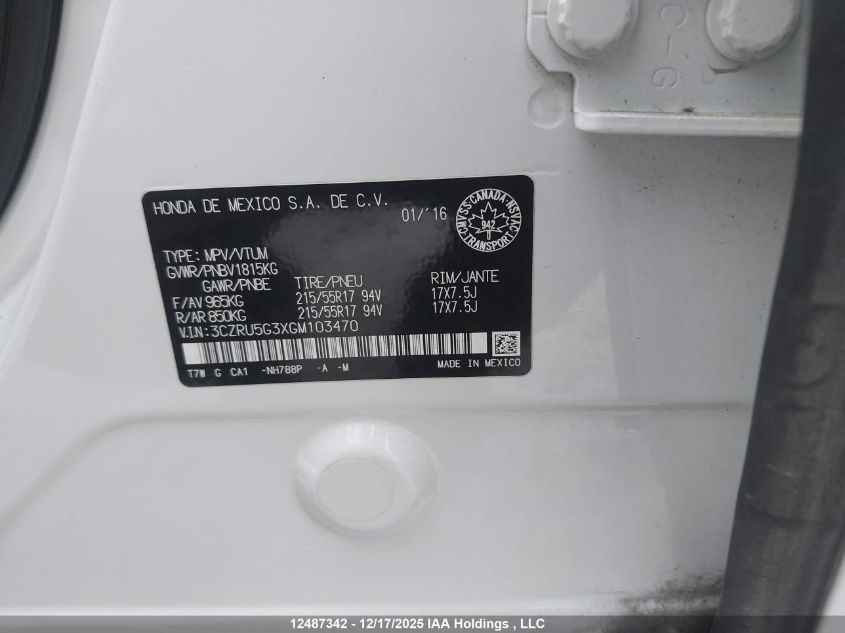 2016 Honda Hr-V Lx VIN: 3CZRU5G3XGM103470 Lot: 12487342