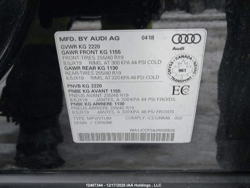 2018 Audi Q3 2.0T Progressiv VIN: WA1JCCFS4JR035525 Lot: 12487344