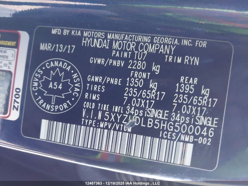 2017 Hyundai Santa Fe Sport 2.4 Premium VIN: 5XYZUDLB5HG500046 Lot: 12487363