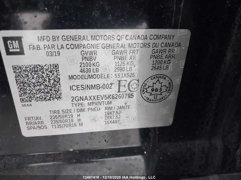 2019 Chevrolet Equinox Premier VIN: 2GNAXXEV5K6260795 Lot: 12487418