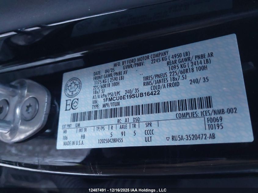 2025 Ford Escape Phev VIN: 1FMCU0E19SUB16422 Lot: 12487491