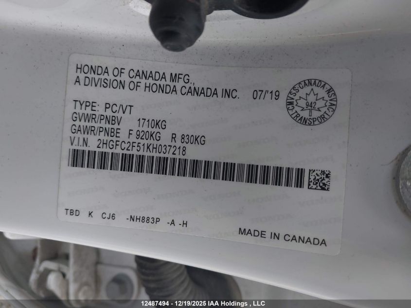 2019 Honda Civic Lx VIN: 2HGFC2F51KH037218 Lot: 12487494