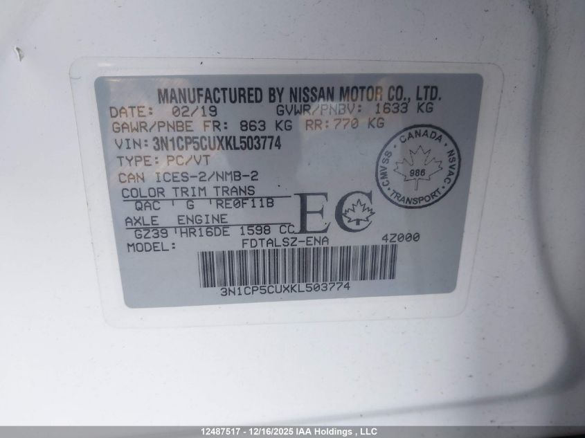 2019 Nissan Kicks S/Sr/Sv VIN: 3N1CP5CUXKL503774 Lot: 12487517