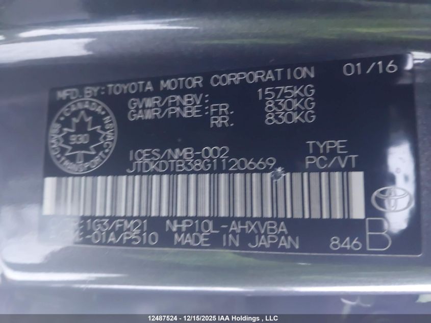 2016 Toyota Prius C Technology VIN: JTDKDTB38G1120669 Lot: 12487524