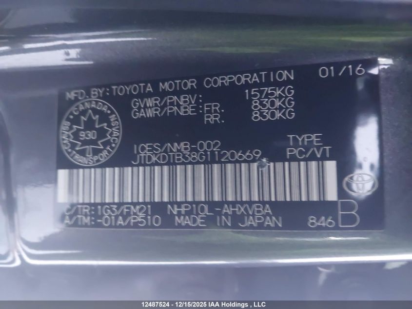 2016 Toyota Prius C Technology VIN: JTDKDTB38G1120669 Lot: 12487524