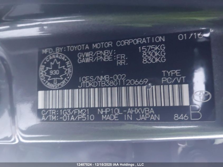 2016 Toyota Prius C Technology VIN: JTDKDTB38G1120669 Lot: 12487524