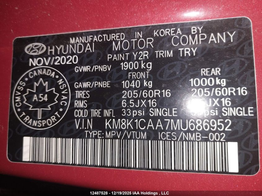 2021 Hyundai Kona Essential Awd VIN: KM8K1CAA7MU686952 Lot: 12487528