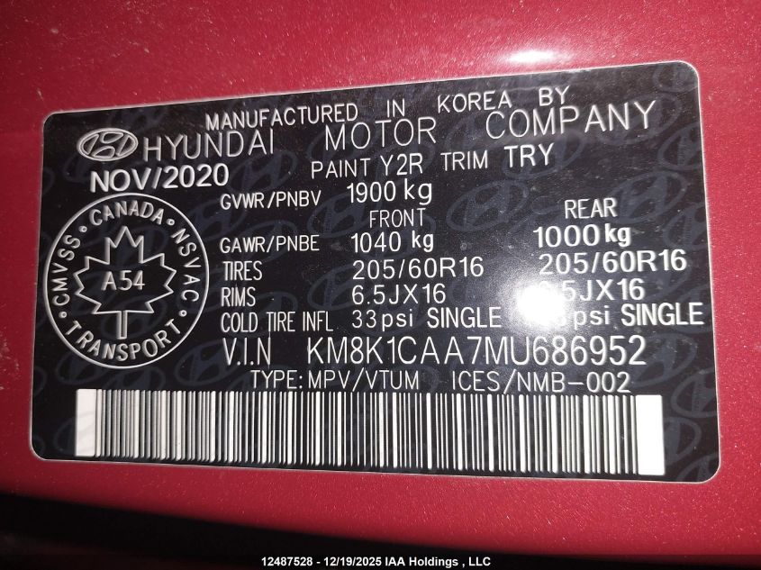 2021 Hyundai Kona Essential Awd VIN: KM8K1CAA7MU686952 Lot: 12487528