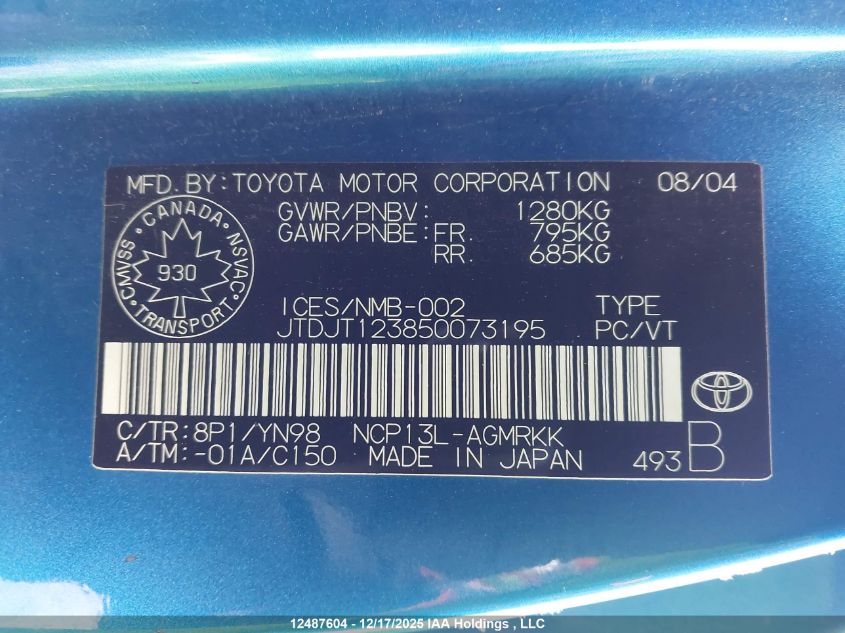 2005 Toyota Echo Ce VIN: JTDJT123850073195 Lot: 12487604